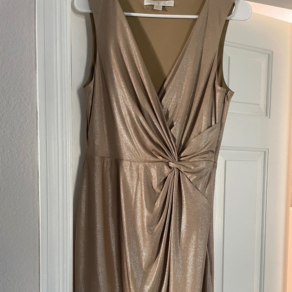 Boston Proper Gold Short Dress V-neck with Knot detail Size 10